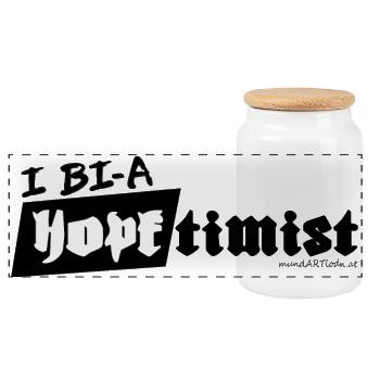 i bi a hopftimist - i am an - optimist, - Panoramic Cookie Jar with Wooden Lid - white - Front