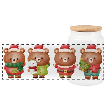 Festliches Weihnachtsbären-Quartett - Panorama Keksdose mit Holzdeckel - Weiß - Vorne