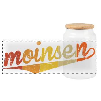 Buntes Moinsen-Zitat  Moin Hamburg Moin Hansestadt - Panorama Keksdose mit Holzdeckel - Weiß - Vorne