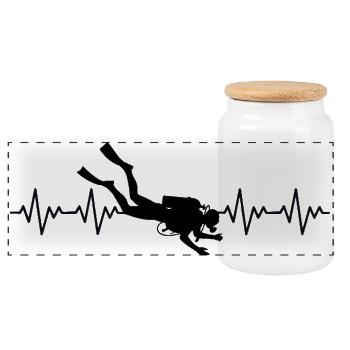 Diver Diver Diving ECG Heartbeat - Panoramic Cookie Jar with Wooden Lid - white - Front