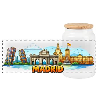 Madrid Skyline City - Panoramic Cookie Jar with Wooden Lid - white - Front