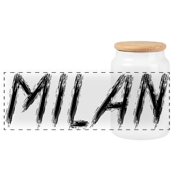 Mailand, Italien – Schwarze Grunge-Pinsel-Typografie - Panorama Keksdose mit Holzdeckel - Weiß - Vorne
