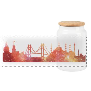 Sunset Skyline Watercolor Bridge - Panoramic Cookie Jar with Wooden Lid - white - Front