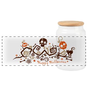 Halloween Ranke mit Kürbissen und Totenkopf - Panorama Keksdose mit Holzdeckel - Weiß - Vorne