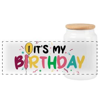 Birthday Burst: Bunte Buchstaben - Panorama Keksdose mit Holzdeckel - Weiß - Vorne