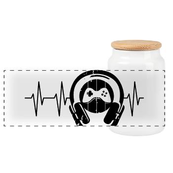 gaming gamer headphones controller Herzschlag Puls - Panorama Keksdose mit Holzdeckel - Weiß - Vorne