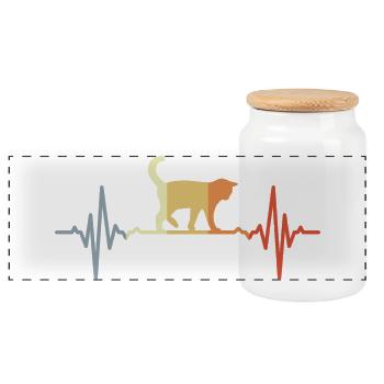 Cat ECG Heartbeat Oldschool - Panoramic Cookie Jar with Wooden Lid - white - Front