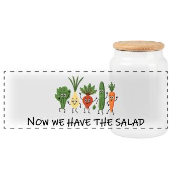 Now We Have the Salad – Garden Denglish Humor - Panoramic Cookie Jar with Wooden Lid - white - Front