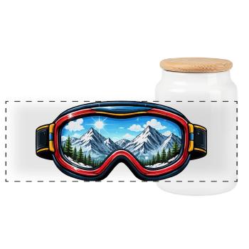 Ski Goggles Landscape - Panoramic Cookie Jar with Wooden Lid - white - Front