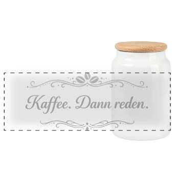 Kaffee. Dann reden. – Vintage Ornament - Panorama Keksdose mit Holzdeckel - Weiß - Vorne