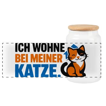 Ich wohne bei meiner Katze – Buntes Katzenmotiv mi - Panorama Keksdose mit Holzdeckel - Weiß - Vorne