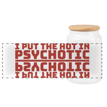 J’AI MIS LE CHAUD DANS PSYCHOTIQUE - écriture miroir rouge - Boîte à biscuits avec couvercle en bois - blanc - Devant