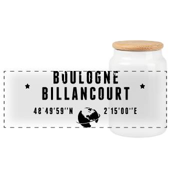 Boulogne Billancourt GPS-Koordinaten Globus - Panorama Keksdose mit Holzdeckel - Weiß - Vorne