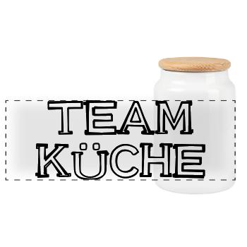 Team Küche Schriftzug handgezeichnet - Panorama Keksdose mit Holzdeckel - Weiß - Vorne