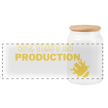 "We test in production" - running joke with coders - Panoramic Cookie Jar with Wooden Lid - white - Front