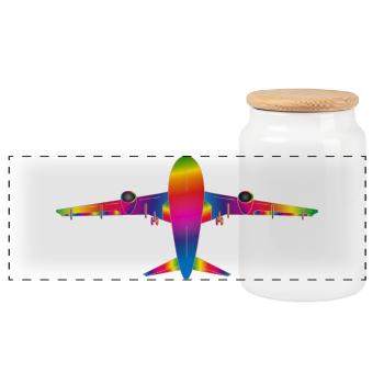 Plane in rainbow colours - Panoramic Cookie Jar with Wooden Lid - white - Front