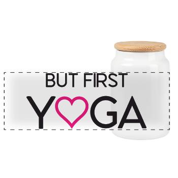 Ok, But First Yoga - Panoramic Cookie Jar with Wooden Lid - white - Front