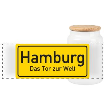 Hamburger Ortsschild Deutschland - Panorama Keksdose mit Holzdeckel - Weiß - Vorne