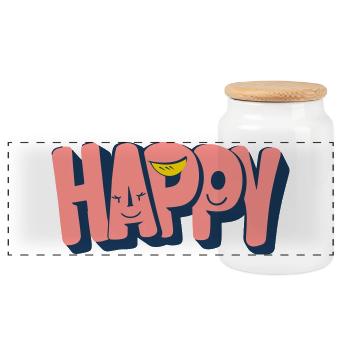 Happy Text with Faces - Panoramic Cookie Jar with Wooden Lid - white - Front