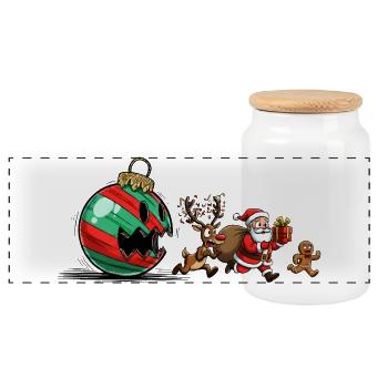 Lustige Weihnachtskugel mit Weihnachtsmann und Rentieren - Panorama Keksdose mit Holzdeckel - Weiß - Vorne