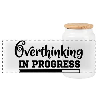 Overthinking in Progress – humorvoller Spruch - Panorama Keksdose mit Holzdeckel - Weiß - Vorne