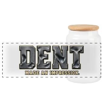 DENT – Hinterlass einen Eindruck | Metallisches Wortspiel - Panorama Keksdose mit Holzdeckel - Weiß - Vorne