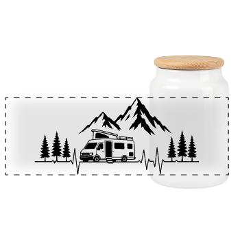 Camping Liebe mit Herzschlag und Wohnmobil  - Panorama Keksdose mit Holzdeckel - Weiß - Vorne