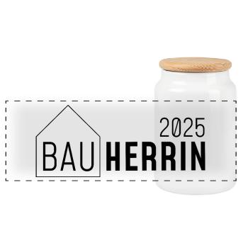 Bauherrin 2025 - mit Häuschen - Panorama Keksdose mit Holzdeckel - Weiß - Vorne
