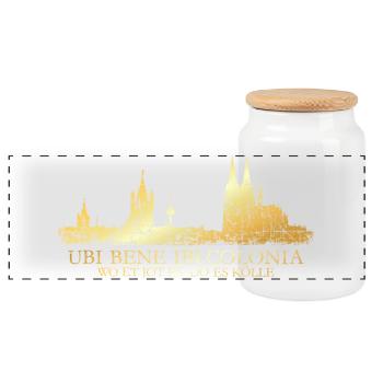 Kölner Skyline mit römischem Köln Spruch Ubi Bene - Panorama Keksdose mit Holzdeckel - Weiß - Vorne