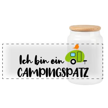 Campingspatz Spatz Camping Camper schwarz Urlaub - Panorama Keksdose mit Holzdeckel - Weiß - Vorne