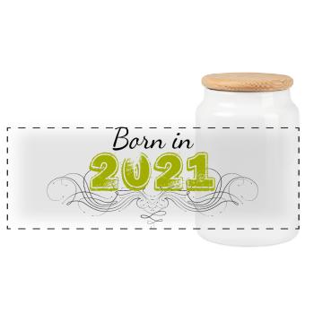 Born in 2021 verziert - Panorama Keksdose mit Holzdeckel - Weiß - Vorne