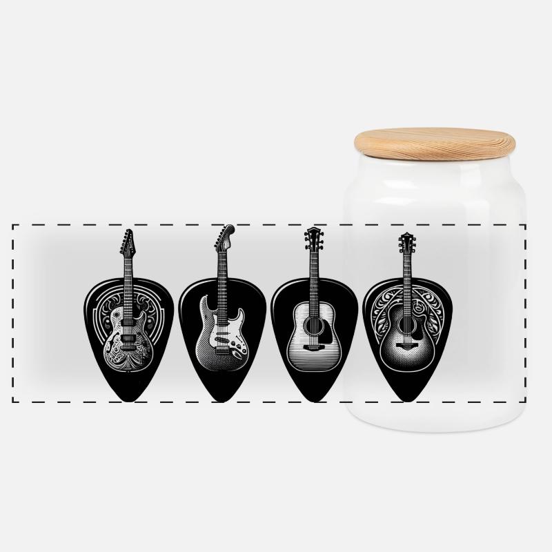 Black & White Guitar Quartet - Panoramic Cookie Jar with Wooden Lid - white