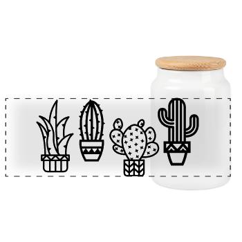cactus cute houseplants botany comic cartoon - Panoramic Cookie Jar with Wooden Lid - white - Front