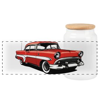 Retro Klassischer US-Auto Druck - Panorama Keksdose mit Holzdeckel - Weiß - Vorne
