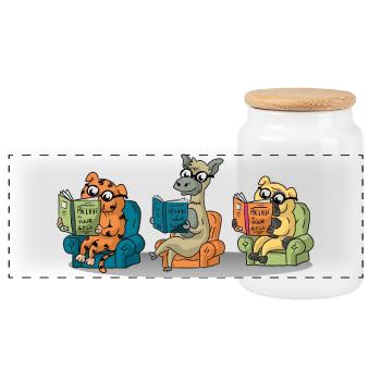 Cute Animals Reading Believe In Yourself Book Gift - Panoramic Cookie Jar with Wooden Lid - white - Front