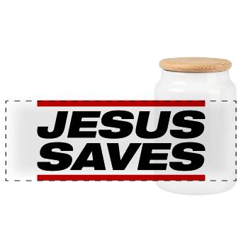 Jesus saves - Panoramic Cookie Jar with Wooden Lid - white - Front