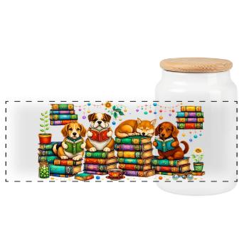 Reading dogs with stacks of books - Panoramic Cookie Jar with Wooden Lid - white - Front