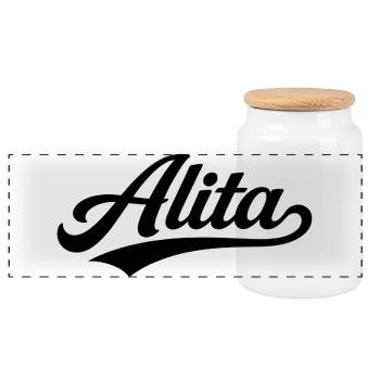 Alita name first last family - Panoramic Cookie Jar with Wooden Lid - white - Front