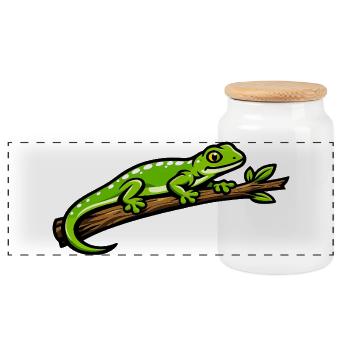 Grüne Gecko auf Ast – lebendige Illustration - Panorama Keksdose mit Holzdeckel - Weiß - Vorne