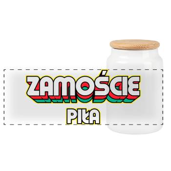Zamość Piła. Retro District Name - Panoramic Cookie Jar with Wooden Lid - white - Front