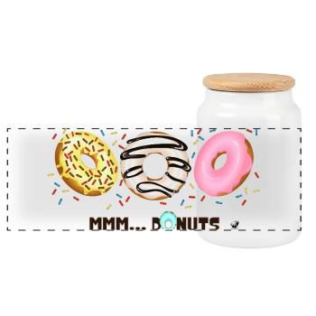 Illustration de Donuts glacés avec des vermicelles - Boîte à biscuits avec couvercle en bois - blanc - Devant