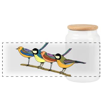 Bunte Vögel - Panorama Keksdose mit Holzdeckel - Weiß - Vorne