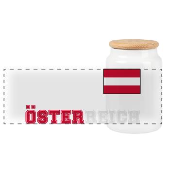 ÖSTERREICH Trikot Look - Flagge Fahne auf Brust - Panorama Keksdose mit Holzdeckel - Weiß - Vorne