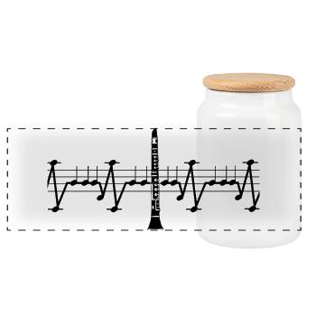 Clarinet ECG Staff Heartbeat Musical Notes - Panoramic Cookie Jar with Wooden Lid - white - Front