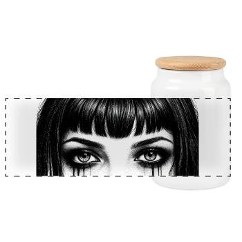 Black and White Eyes Teardrop Design - Panoramic Cookie Jar with Wooden Lid - white - Front