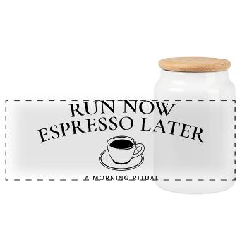 Lauf jetzt, Espresso später – Laufen & Kaffeeleben - Panorama Keksdose mit Holzdeckel - Weiß - Vorne