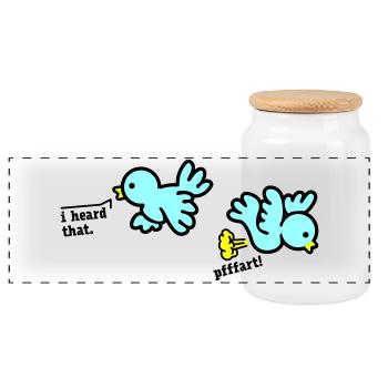 when birds fart - Panoramic Cookie Jar with Wooden Lid - white - Front