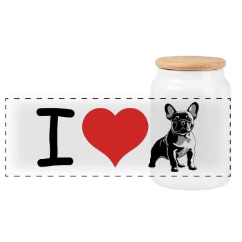 I love French Bulldog - Pet Design - Panorama Keksdose mit Holzdeckel - Weiß - Vorne