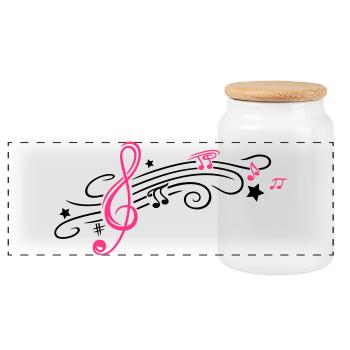 Music, clef with stars and music notes - Panoramic Cookie Jar with Wooden Lid - white - Front