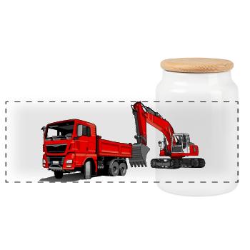 Construction site with excavator and dump truck - Panoramic Cookie Jar with Wooden Lid - white - Front